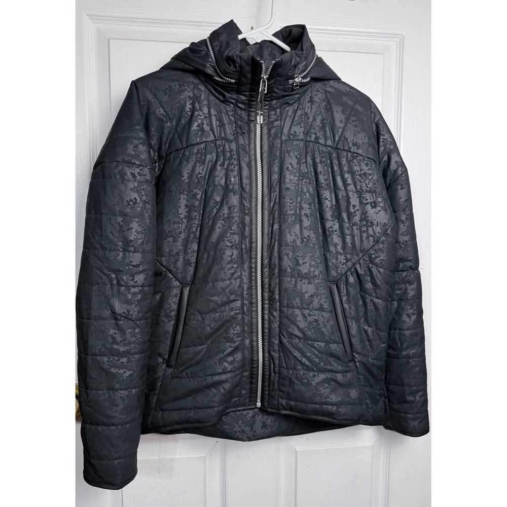 Lukka Lux Womens Black Tonal Camo Hooded Puffer Jacket Full Zip Size Small